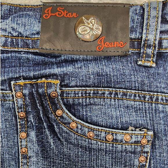 NEW J-Star Jeans Womens 3/4 Blue Studded Low Rise Bootcut Stretch Denim Faded - Picture 6 of 16